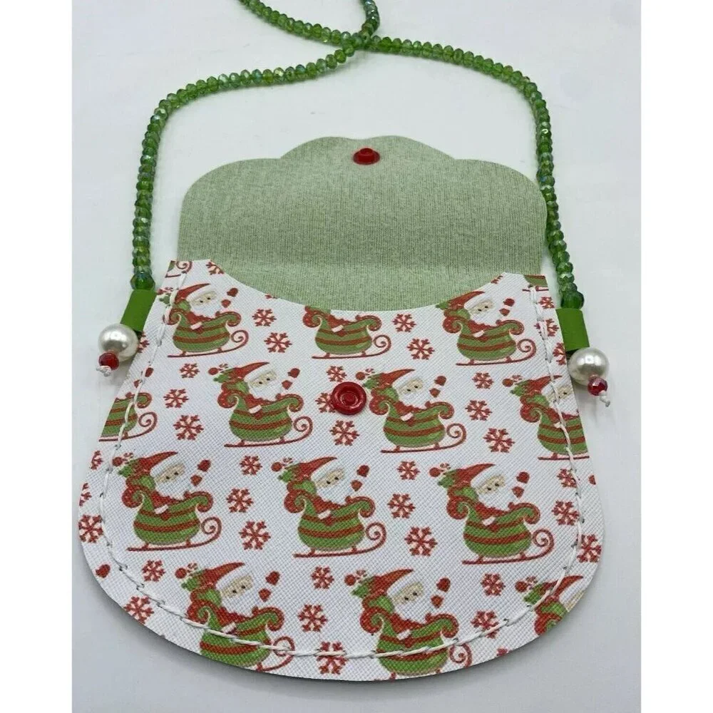 Christmas Little Girl Handbag Youth Santa Theme 5.5 In Holiday Green Red Print